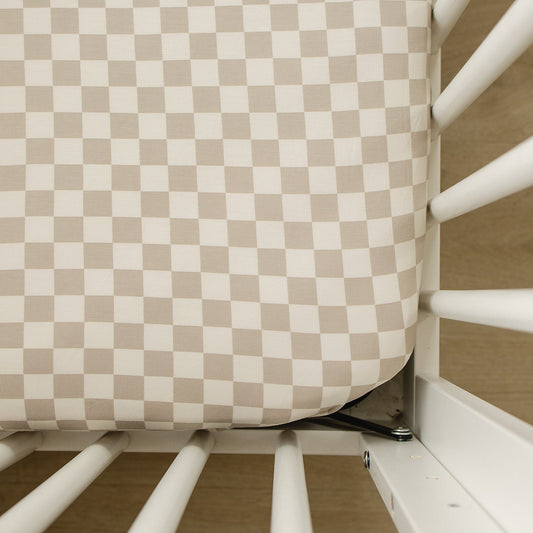 bamboo stretch crib sheet // taupe checkered