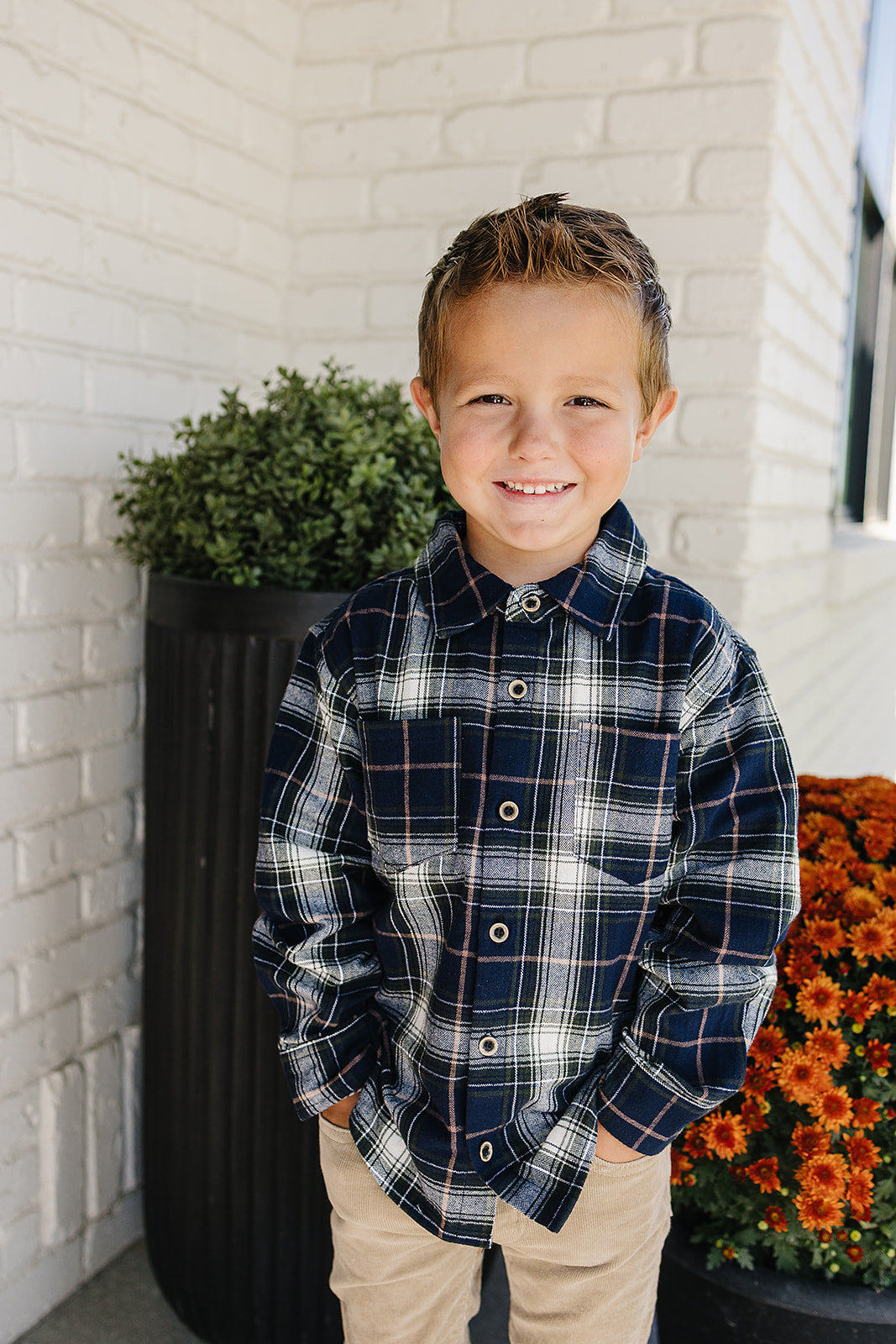 navy plaid button-up shirt