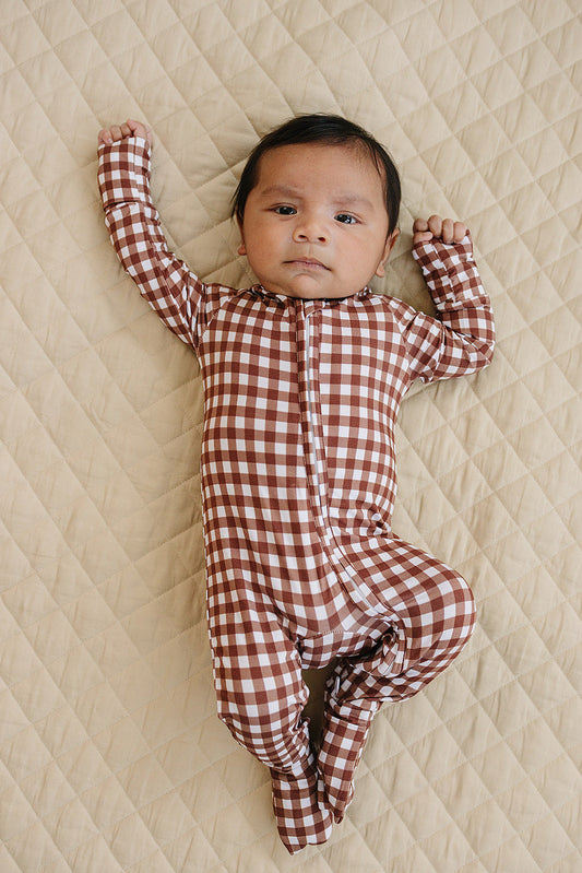 chocolate gingham bamboo pajamas // ZIPPY