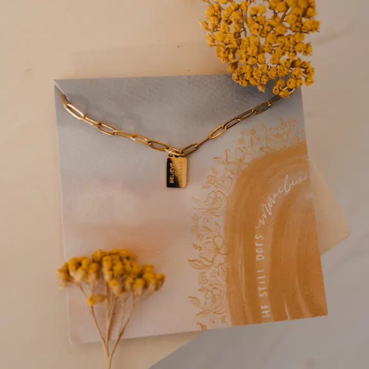 mini tag necklace // believe in miracles (14k gold)