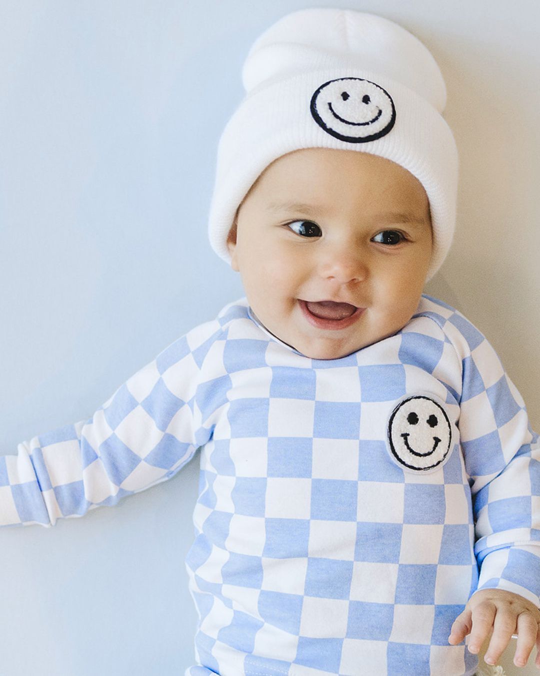 checkered smiley lounge set // blue (*available in extended sizing up to 8/9*)