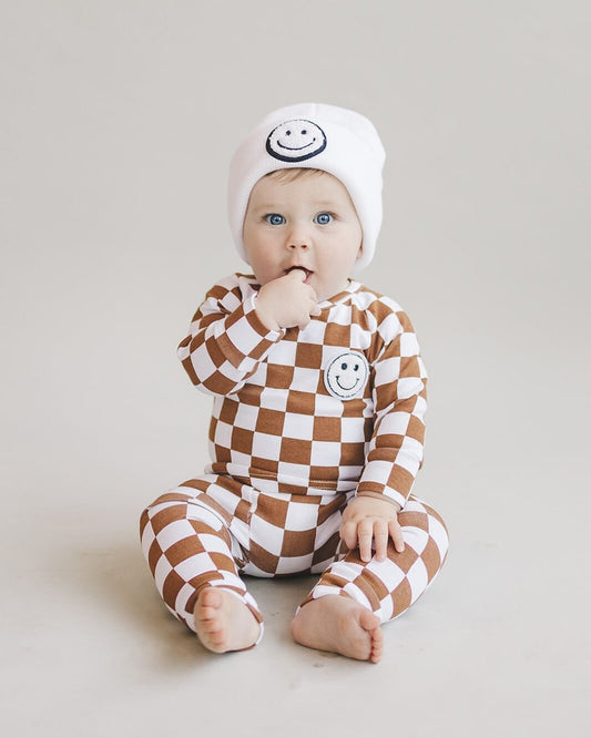 checkered smiley lounge set // copper