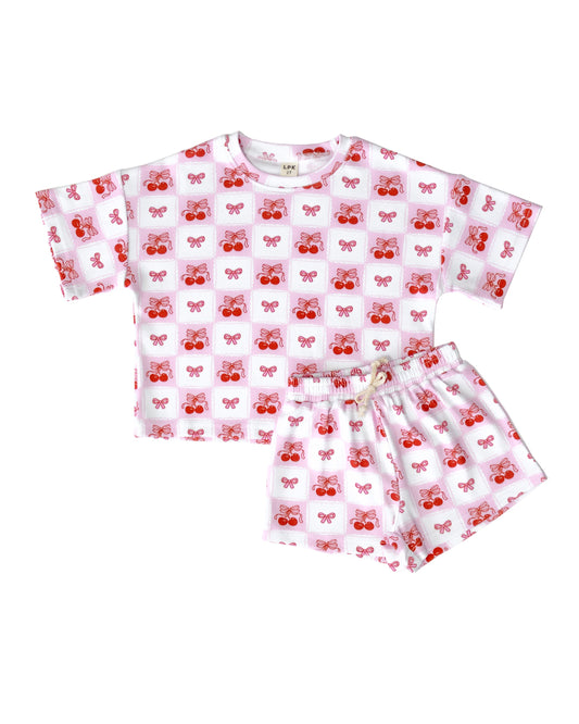 shorts set // checkered cherry (sizing up to 8/9!)