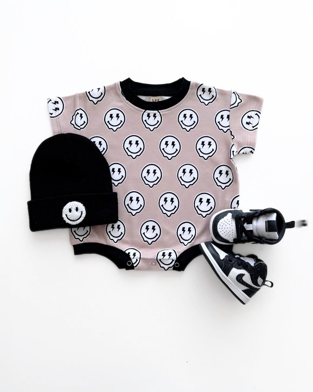 short sleeve bubble romper // electric drippy smiley