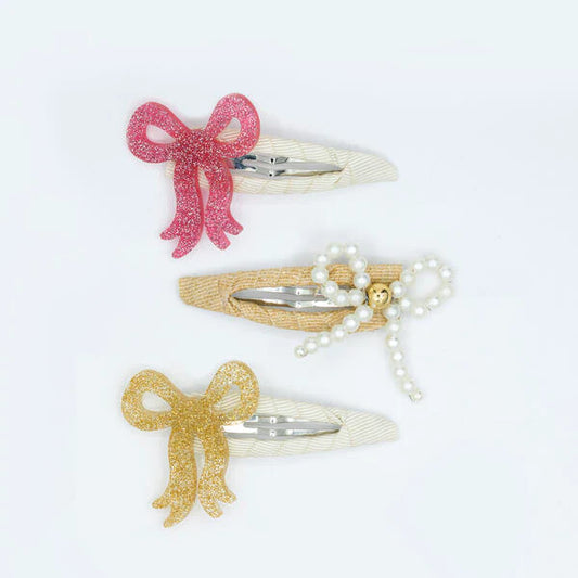 fancy glittery + pearl bow hair clips // set of 3