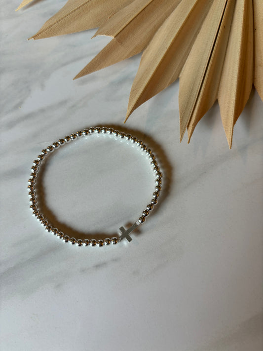 silver cross beaded stretchy bracelet // for women