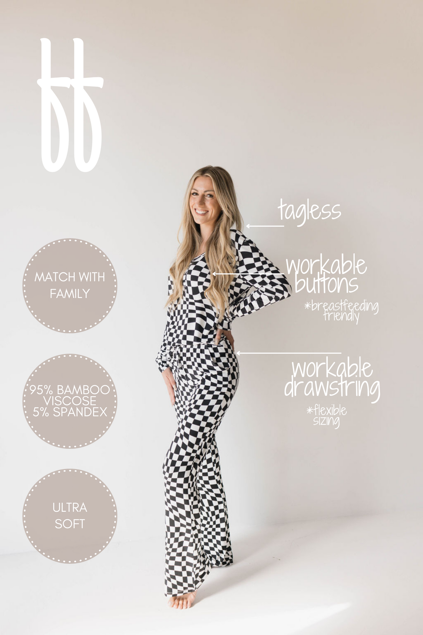 women's bamboo pajamas  // black + white wavy checkerboard