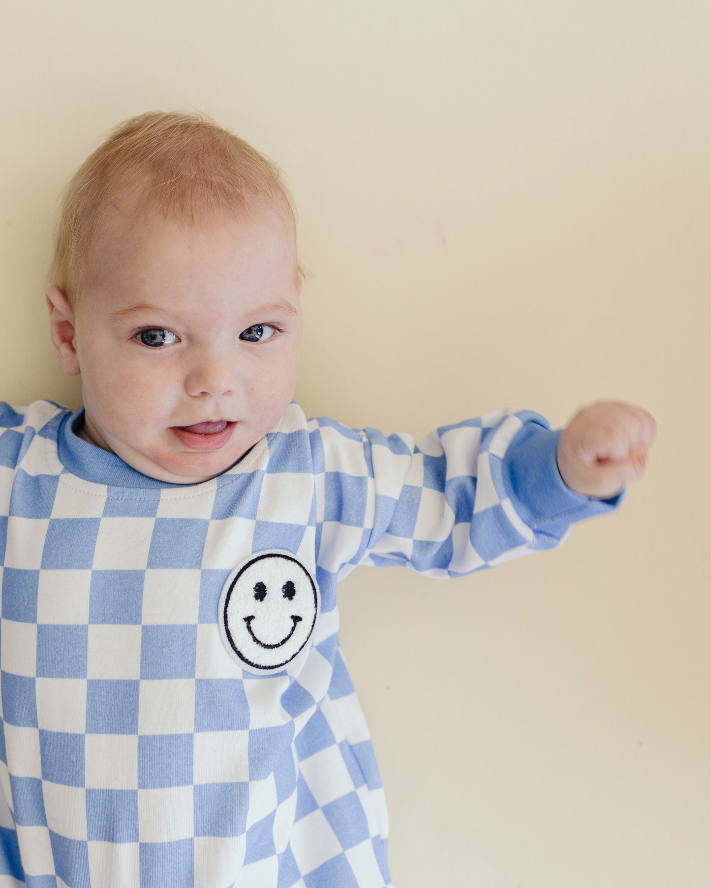 bubble romper // checkered smiley blue