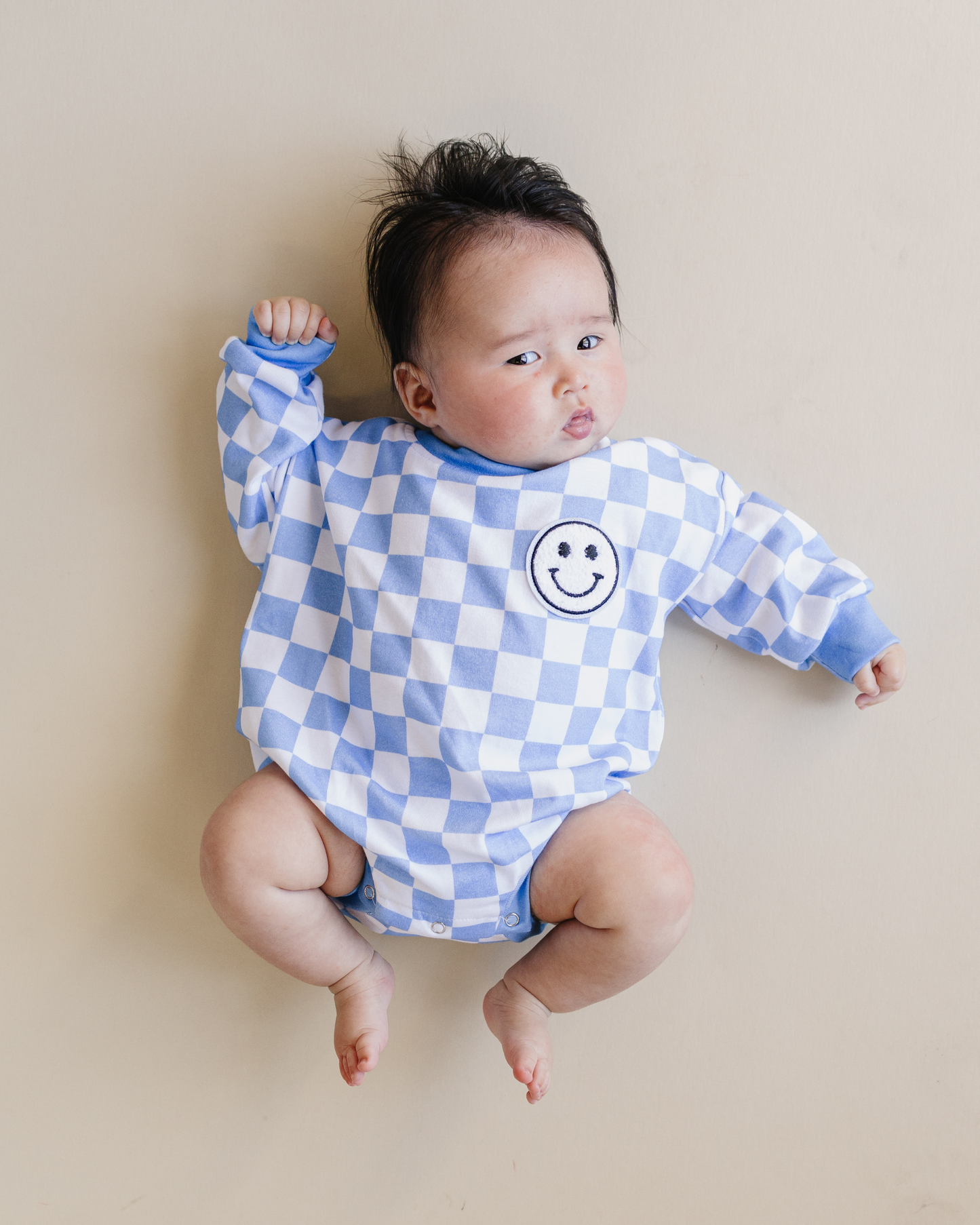 bubble romper // checkered smiley blue