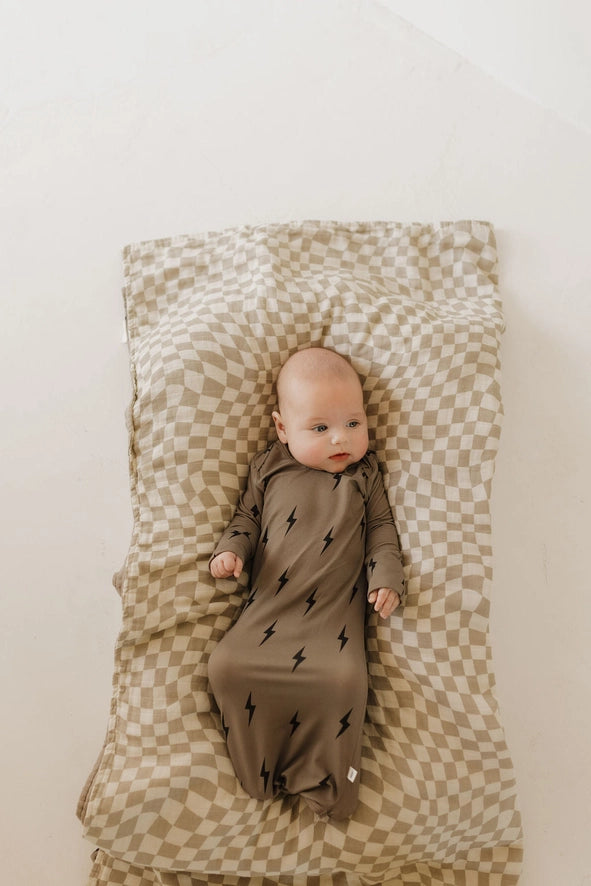 bamboo knot gown // brown + black lightning bolt
