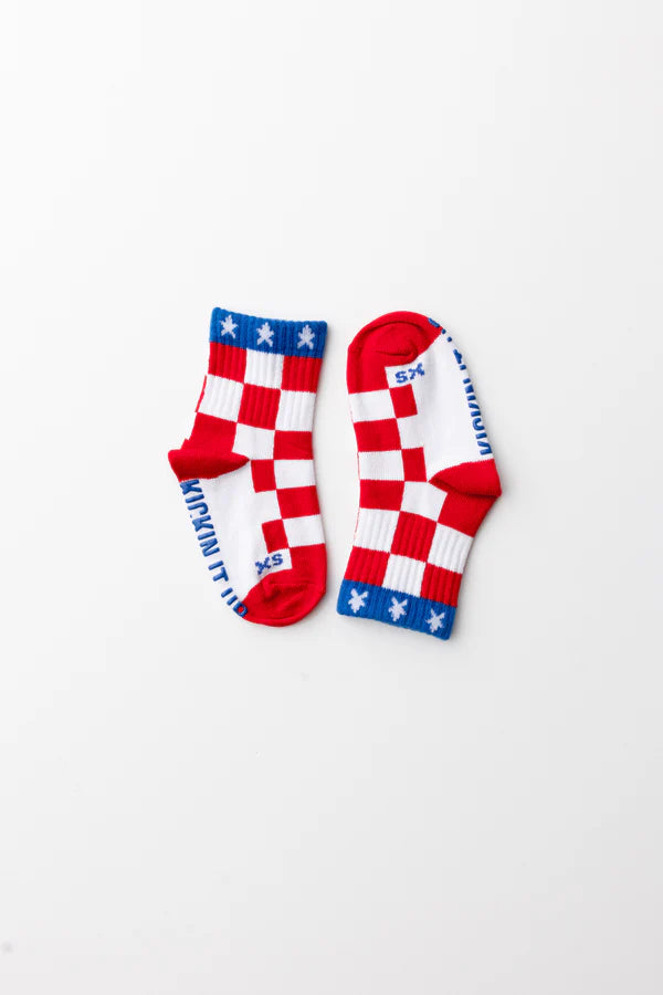 red, white, + check socks