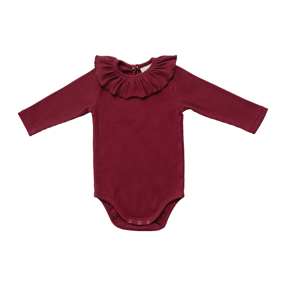 burgundy ribbed ruffle bodysuit