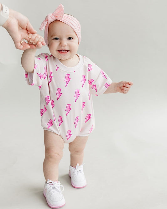 short sleeve bubble romper // pink lightning bolts