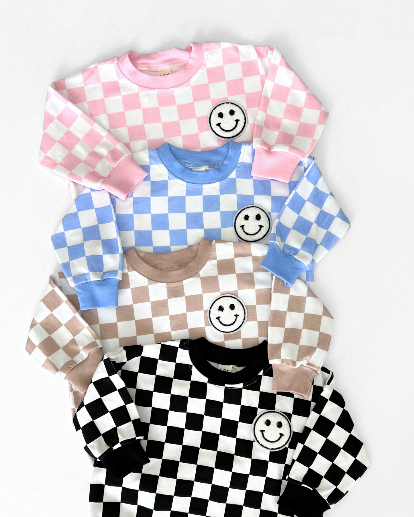 bubble romper // checkered smiley blue