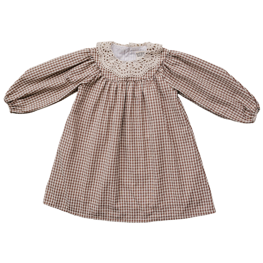 camel gingham lace dress