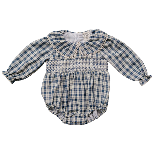 blue plaid ruffle collar bubble romper