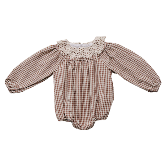 camel gingham lace bubble romper