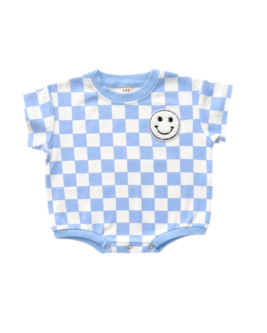 short sleeve bubble romper // checkered smiley blue