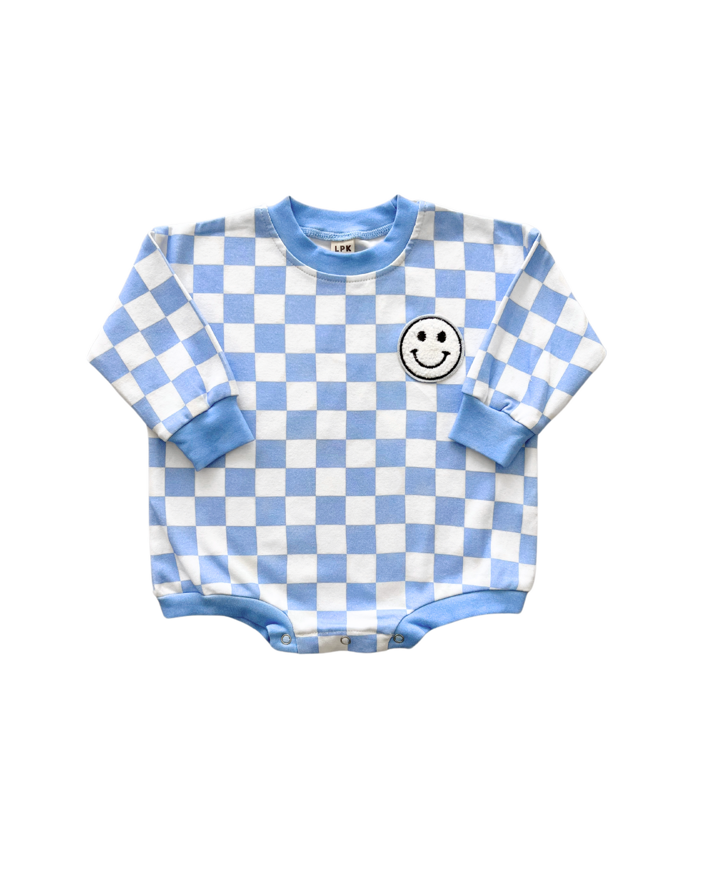 bubble romper // checkered smiley blue