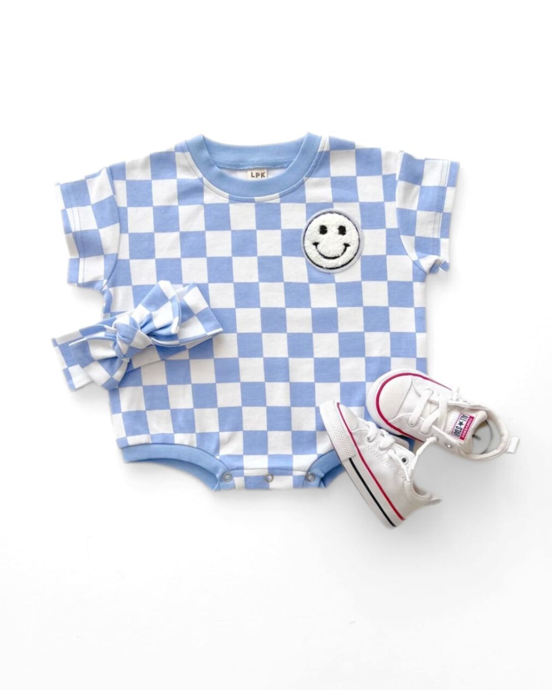 short sleeve bubble romper // checkered smiley blue