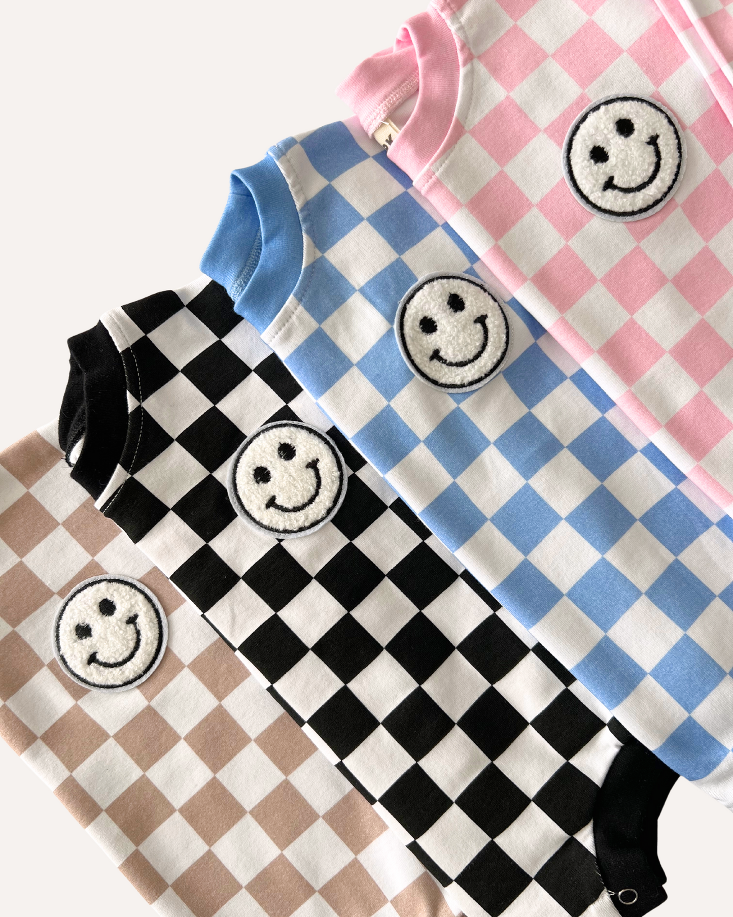 bubble romper // checkered smiley blue