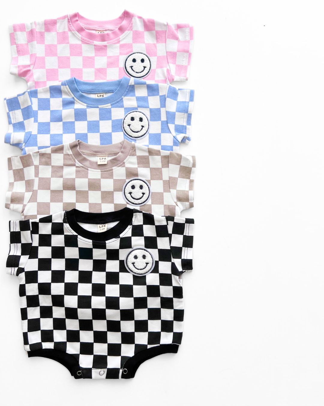 short sleeve bubble romper // checkered smiley blue