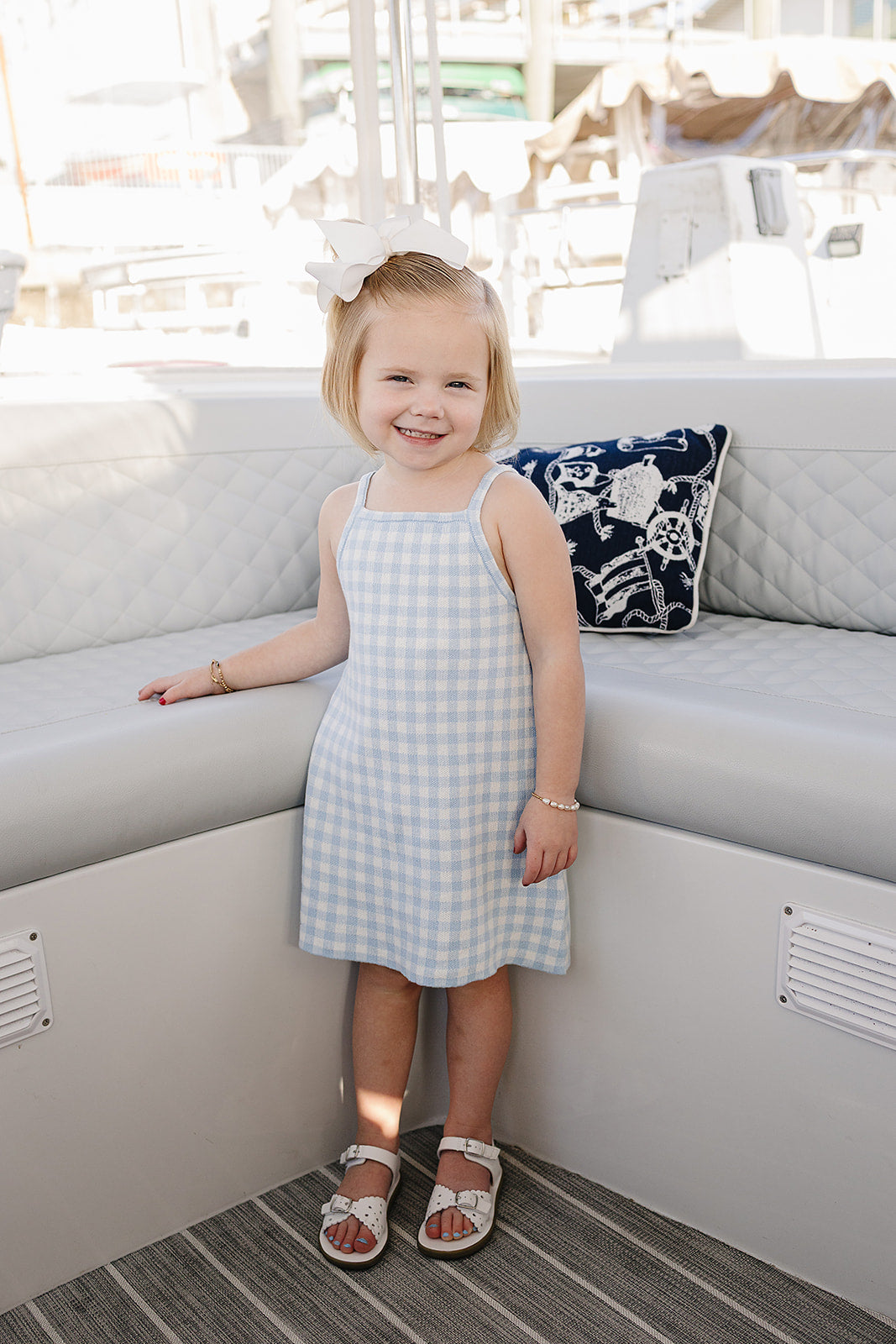 blue knit gingham dress