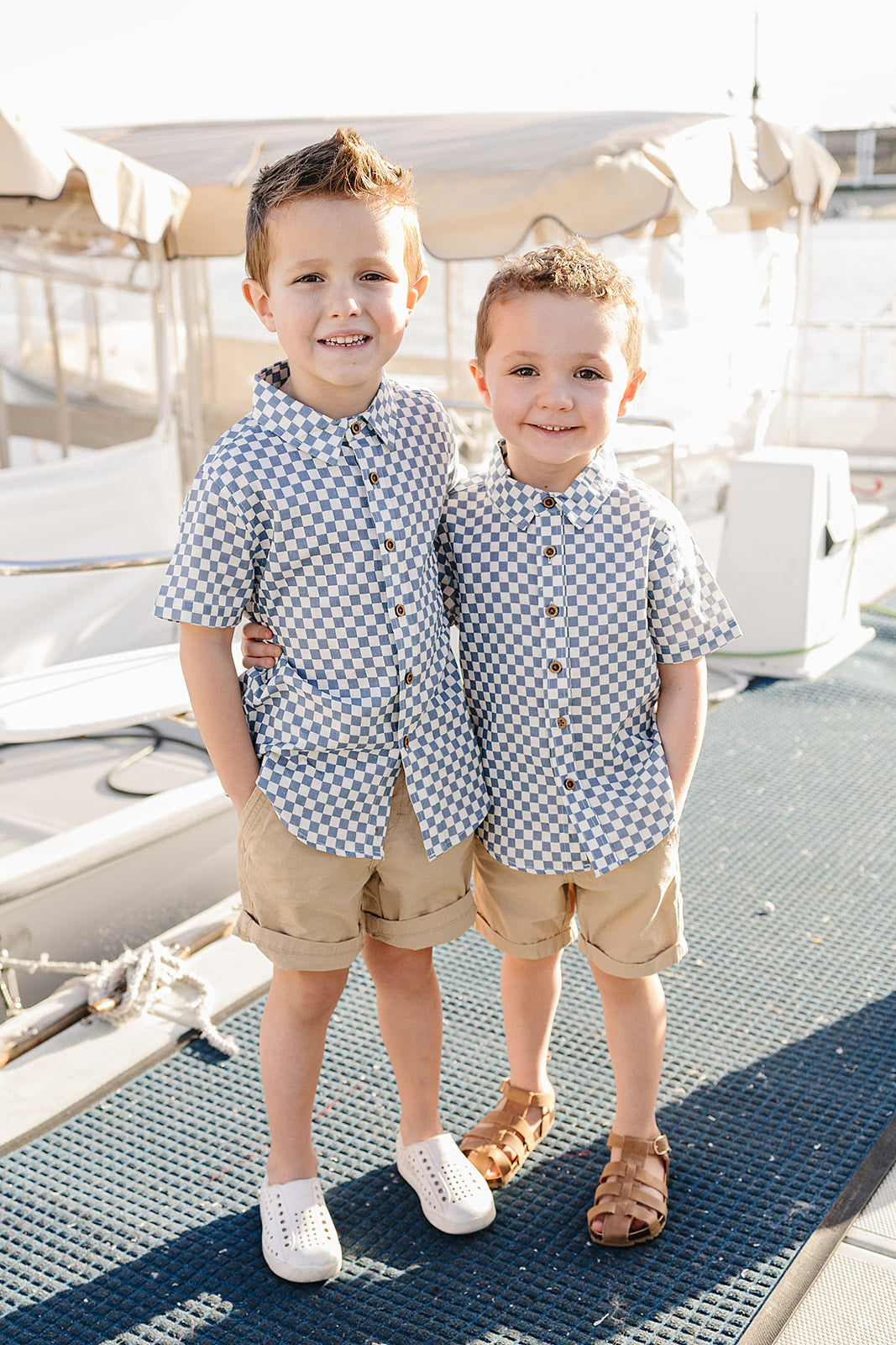 blue checkered linen button-up shirt