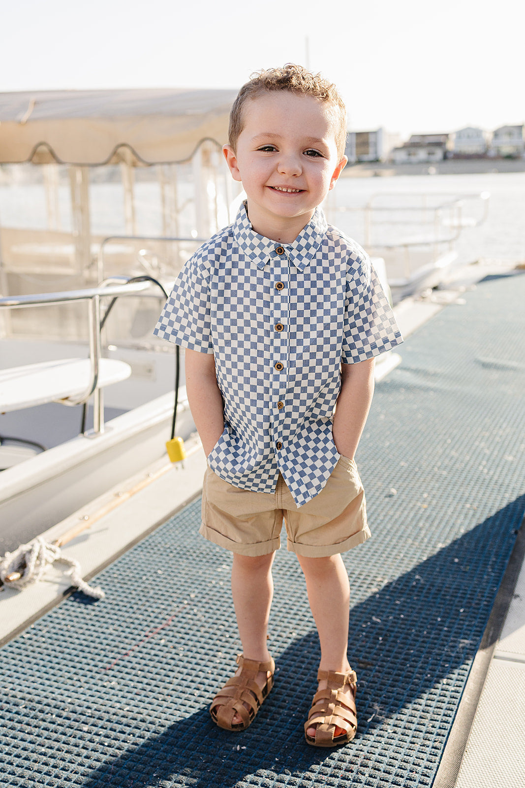 blue checkered linen button-up shirt