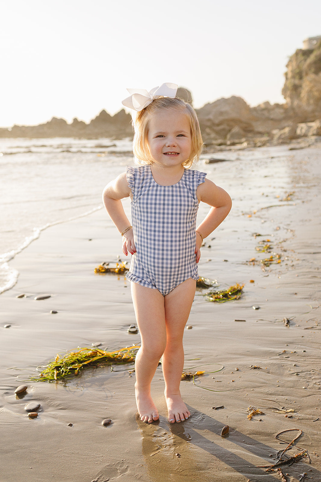 light blue gingham one-piece swimsuit