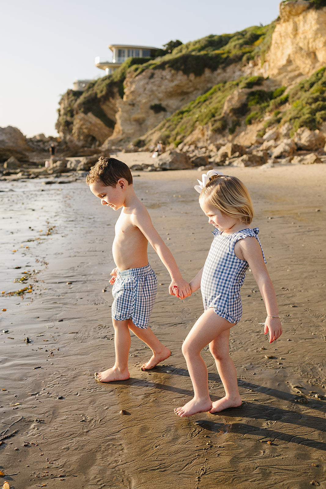 light blue gingham swim shorts