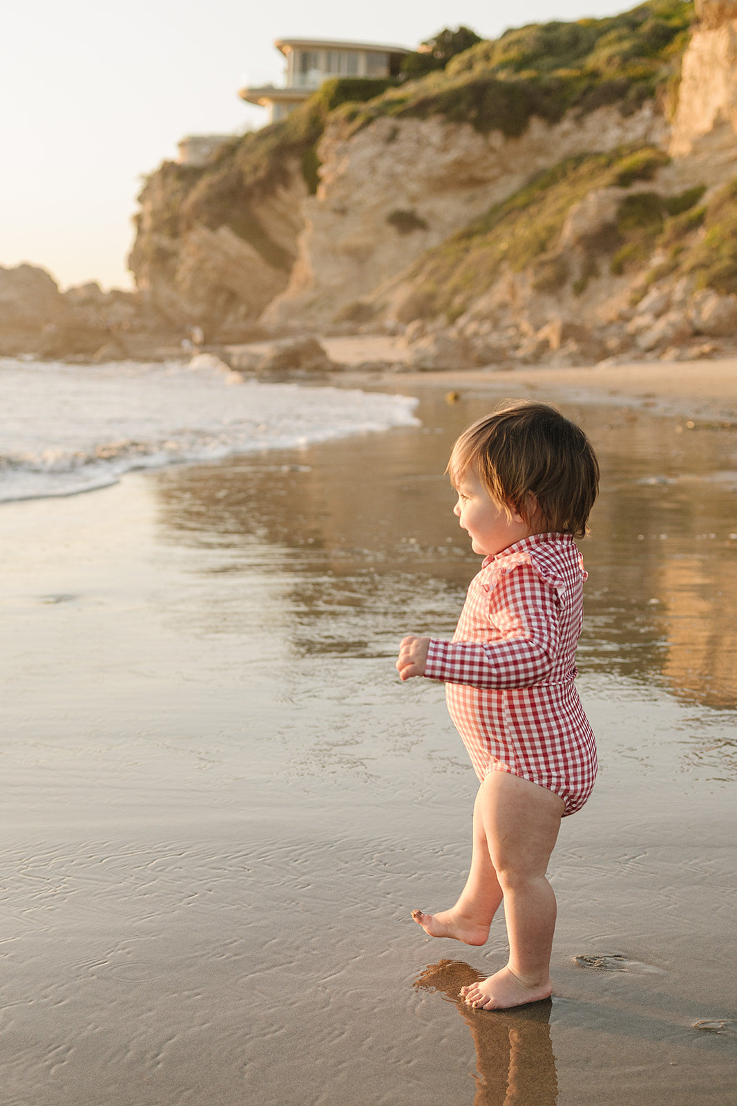 gingham long-sleeve ruffle zipper one-piece swimsuit