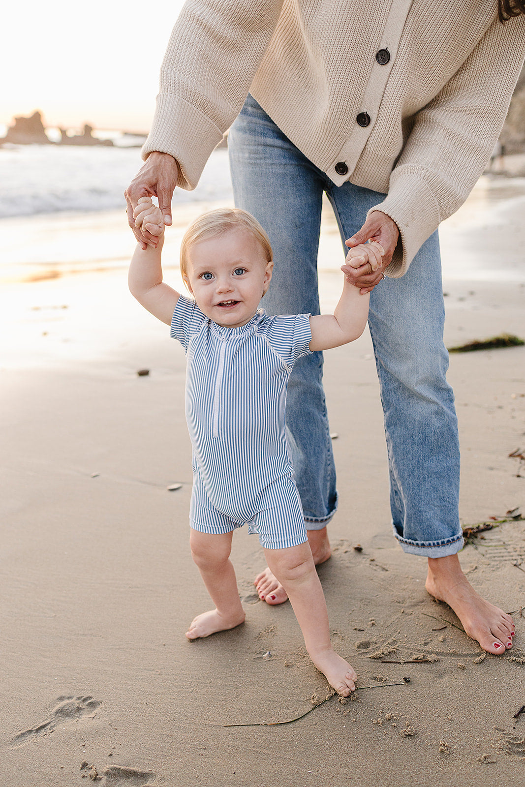 blue stripe zipper swimsuit