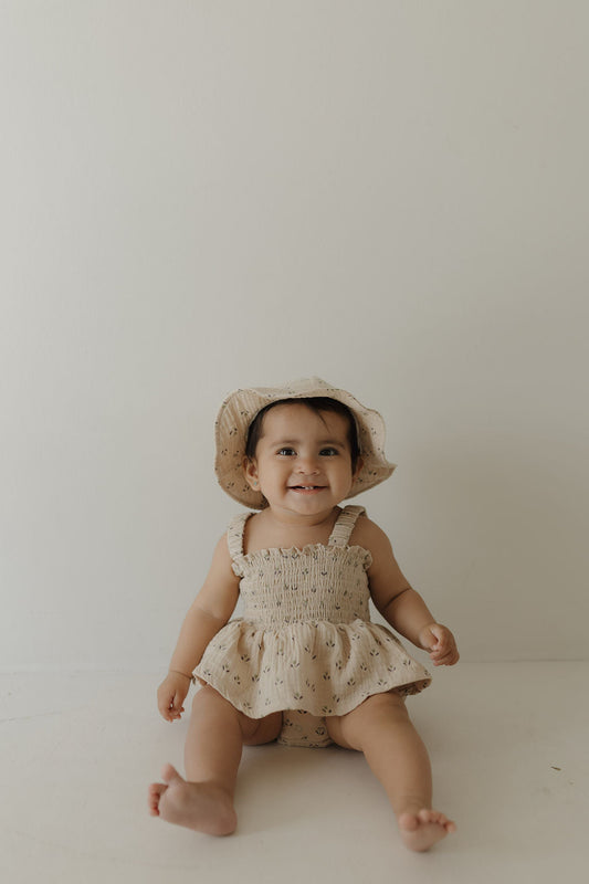 sleeveless muslin romper + hat // flora (comes in mama match)