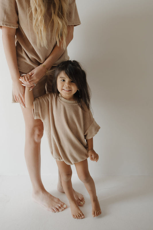 terry tshirt romper // tan