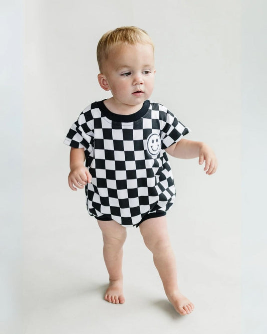 short sleeve bubble romper // checkered smiley black