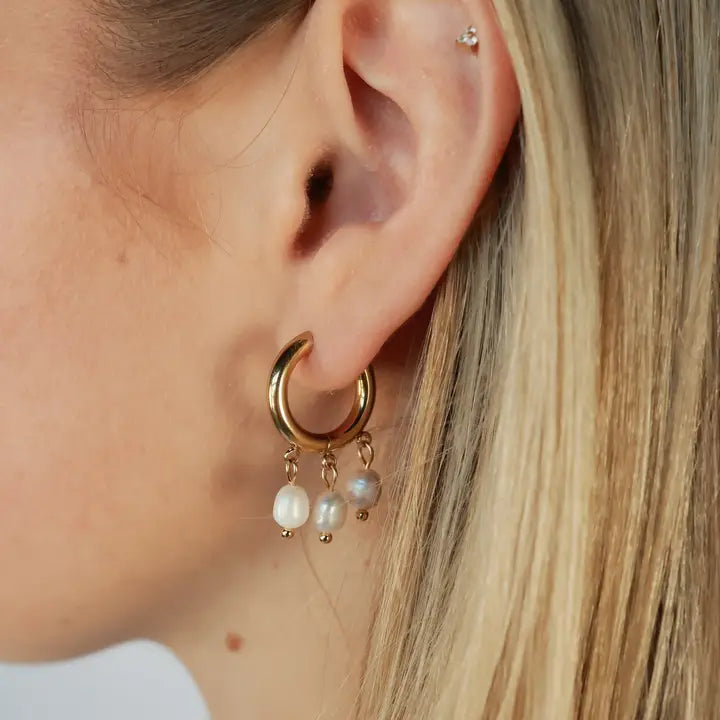 triple pearl huggie hoop earrings