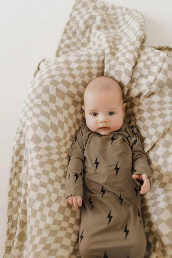 bamboo knot gown // brown + black lightning bolt