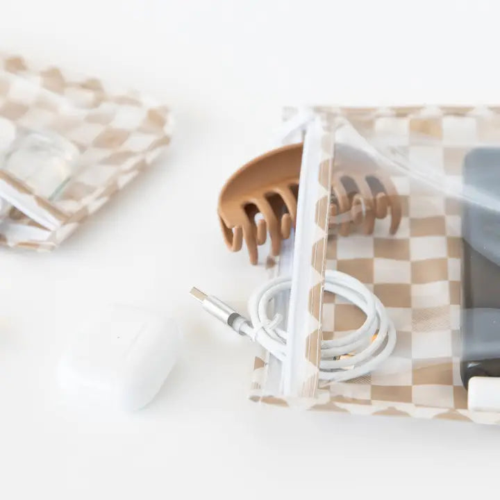 clear travel bags // sand checkered (set of 3!)