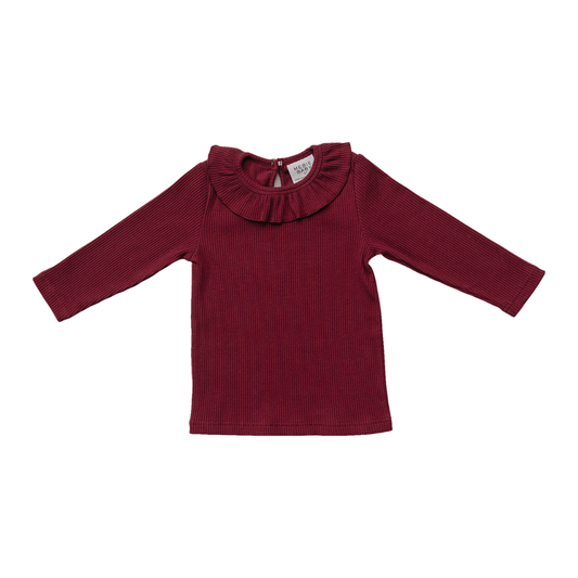 burgundy ribbed ruffle long-sleeve top
