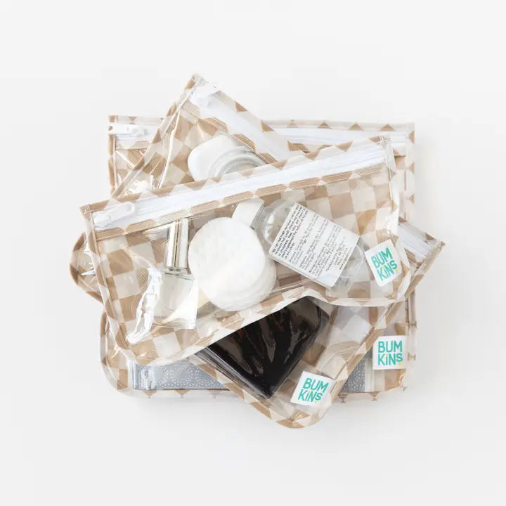 clear travel bags // sand checkered (set of 3!)