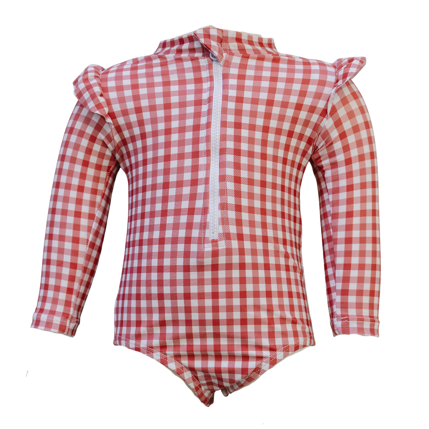 gingham long-sleeve ruffle zipper one-piece swimsuit