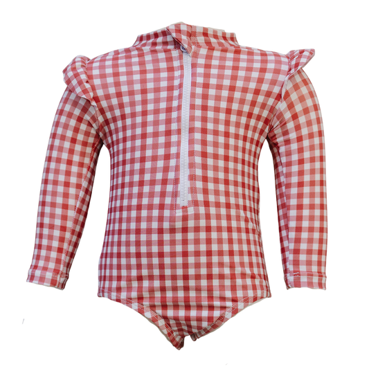 gingham long-sleeve ruffle zipper one-piece swimsuit