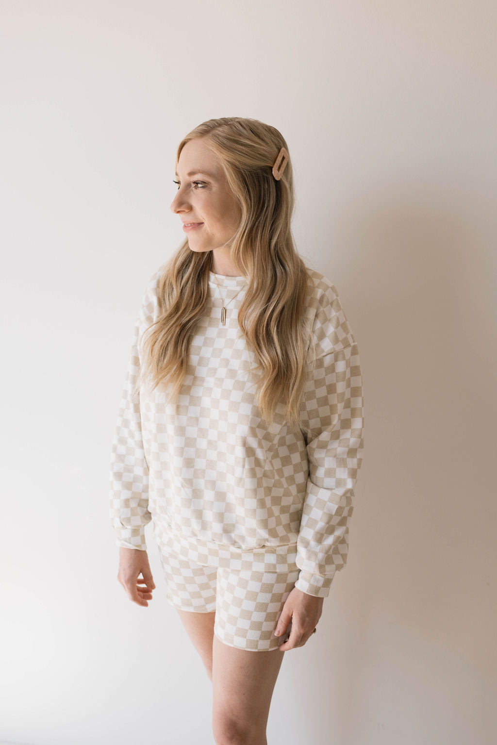 adult long-sleeve short set // chai checkerboard