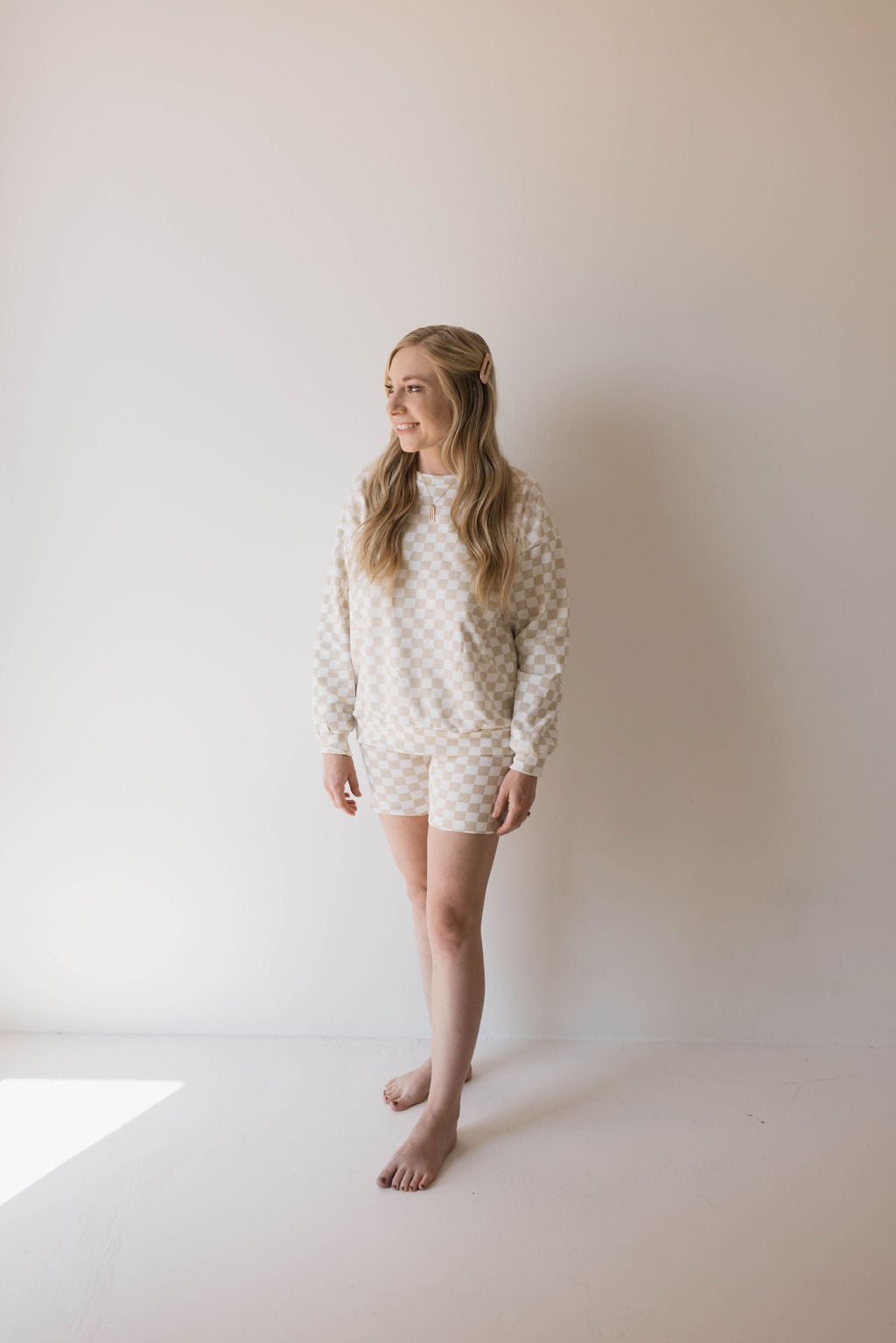 adult long-sleeve short set // chai checkerboard