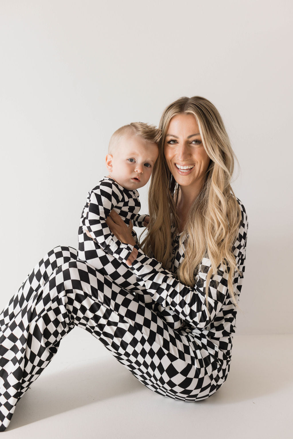 women's bamboo pajamas  // black + white wavy checkerboard
