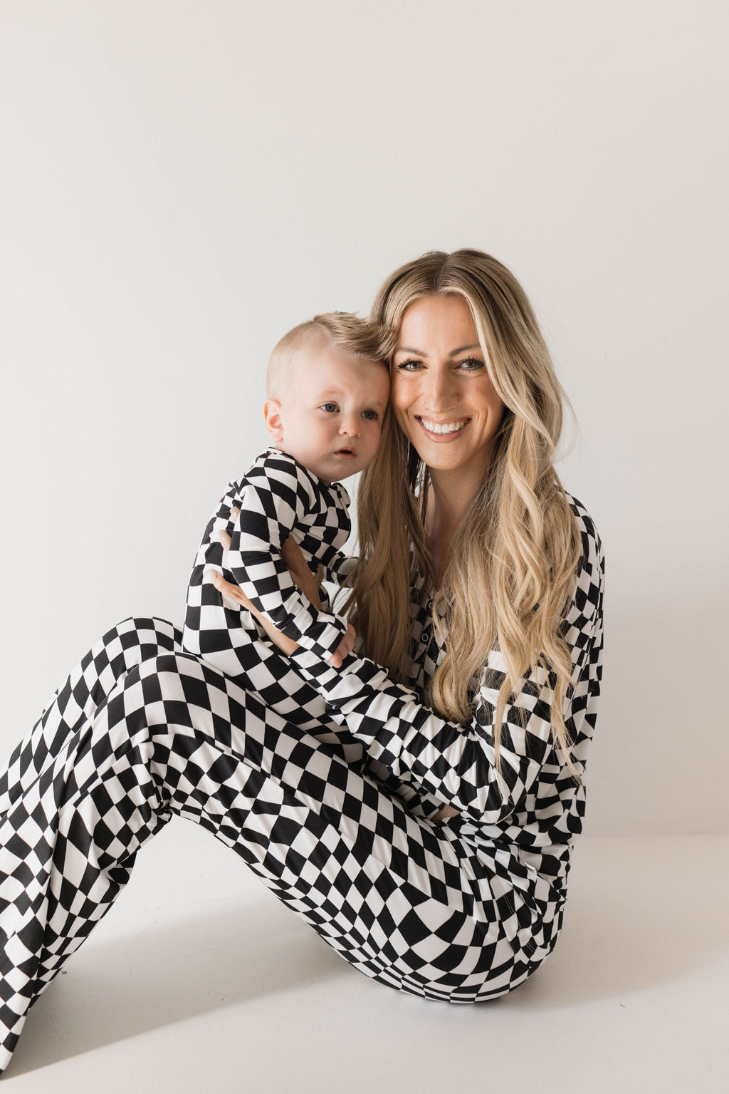 women's bamboo pajamas  // black + white wavy checkerboard