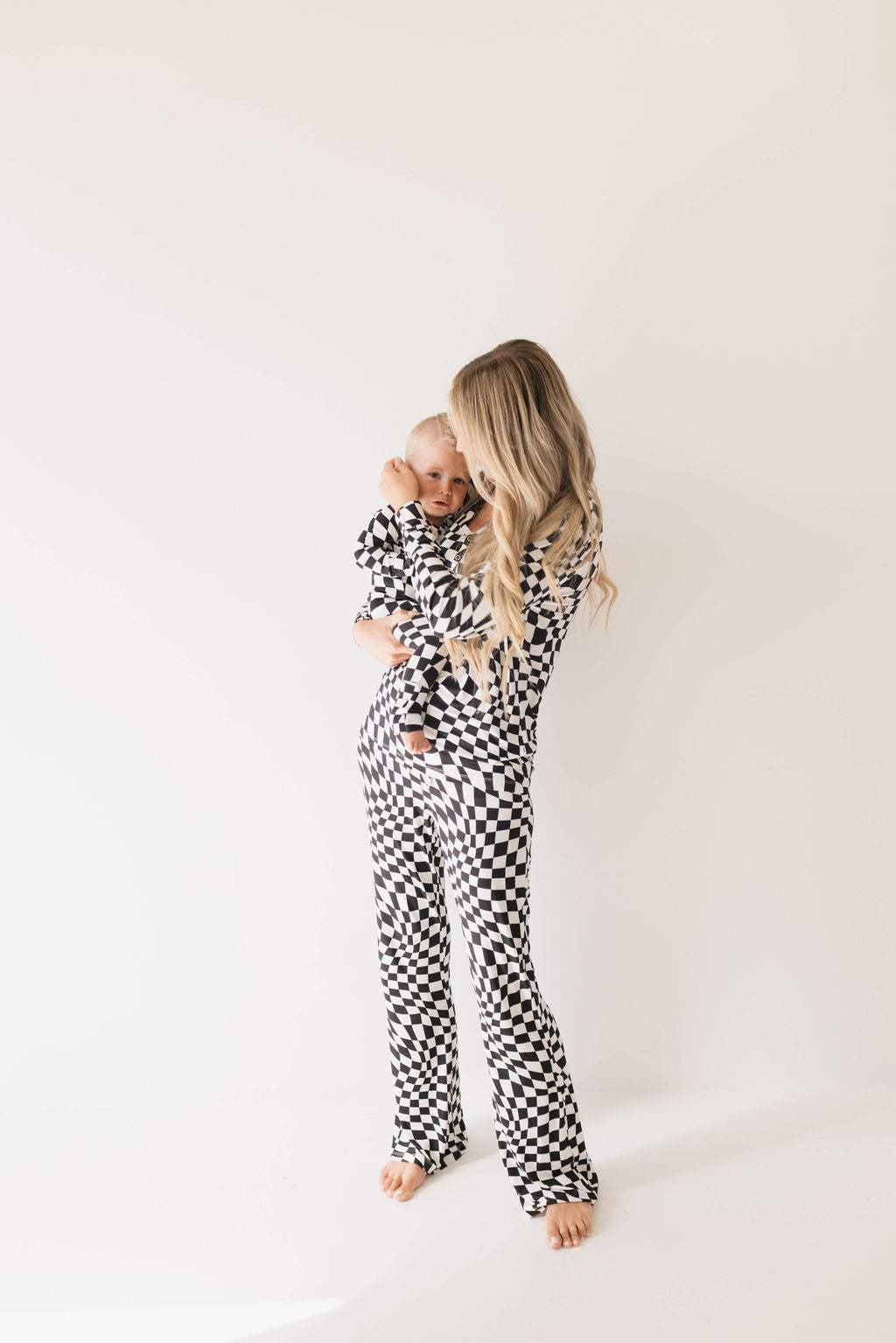 women's bamboo pajamas  // black + white wavy checkerboard