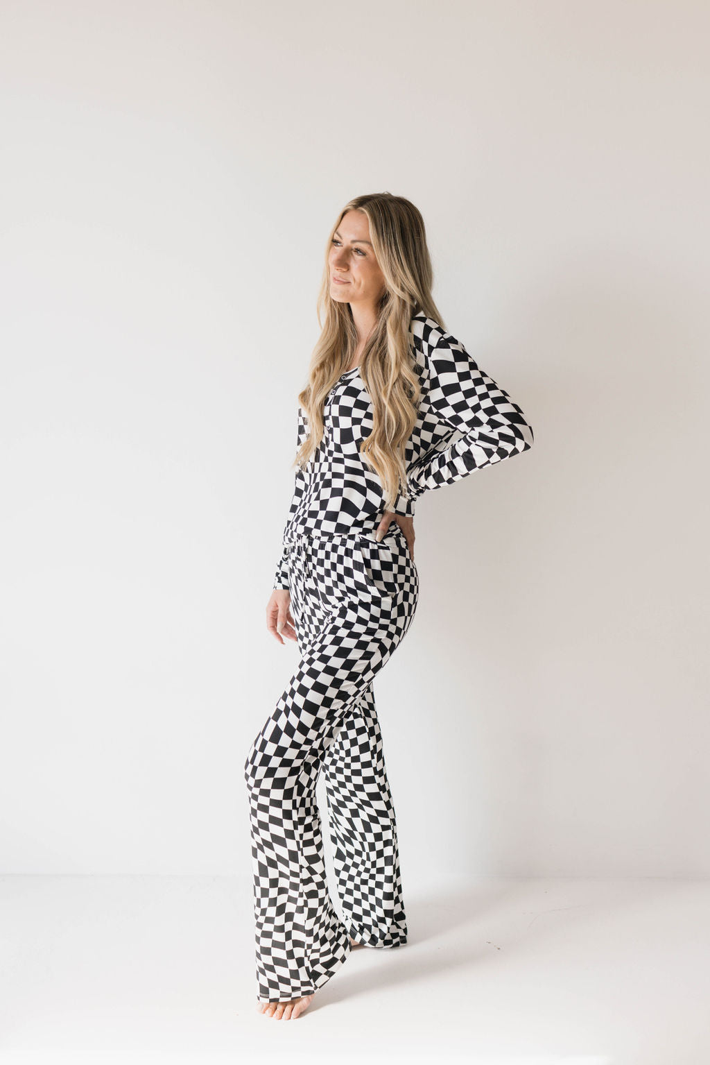 women's bamboo pajamas  // black + white wavy checkerboard