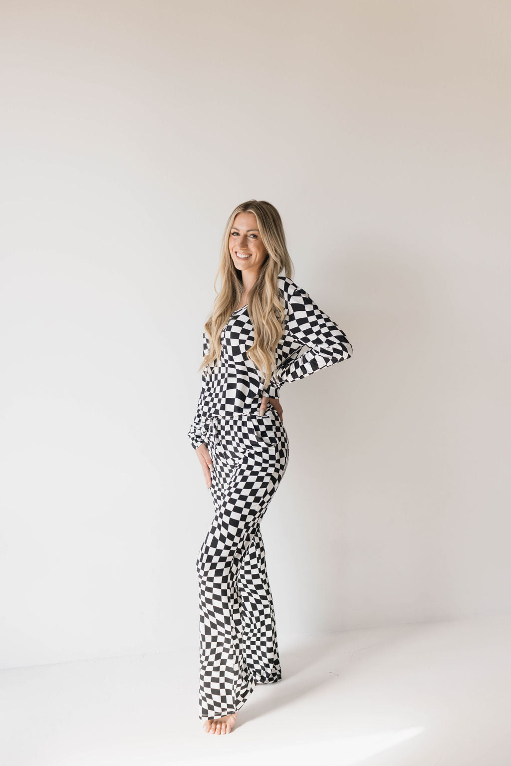 women's bamboo pajamas  // black + white wavy checkerboard
